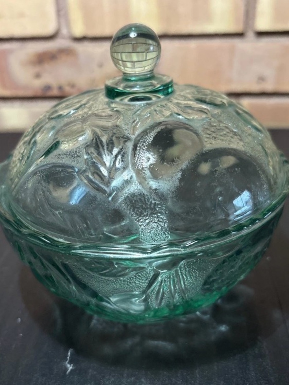 Vintage Indiana Glass Madeira Georgia Green Covered Candy Dish Bowl